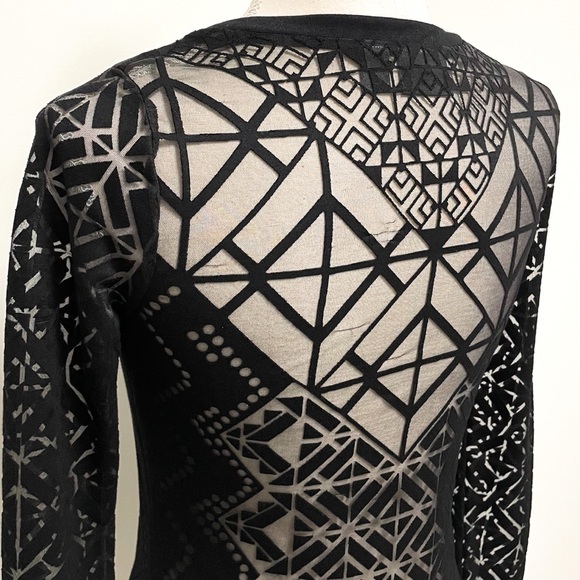 Nicole Miller Sheer Mesh Geometric Long Sleeve Top - Picture 10 of 10